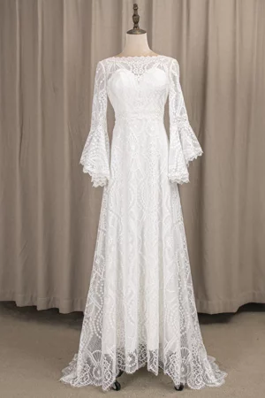 Brudklänning Spets Med Ärm 8 robe de mariee boheme chic col bateau face 720x